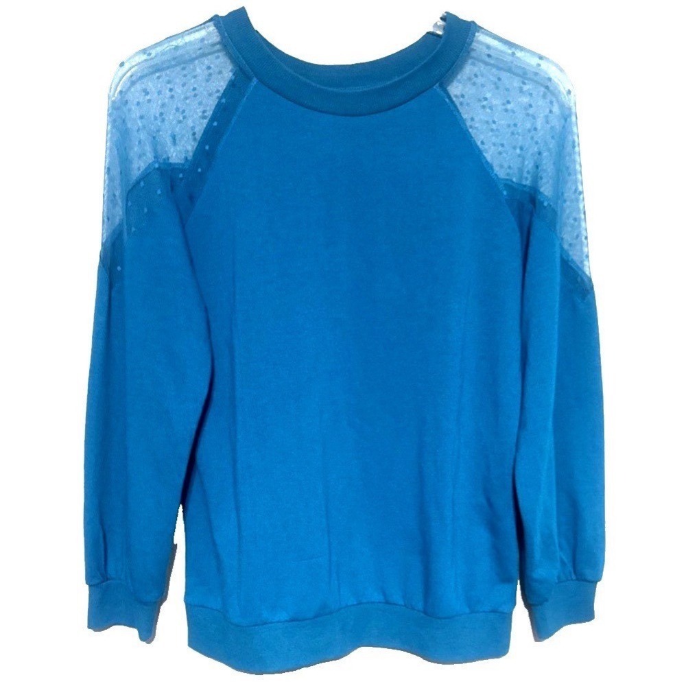 Venus Teal Sweater Lightweight Med Sheer Sleeve Crewneck Soft Knit Spring Casual